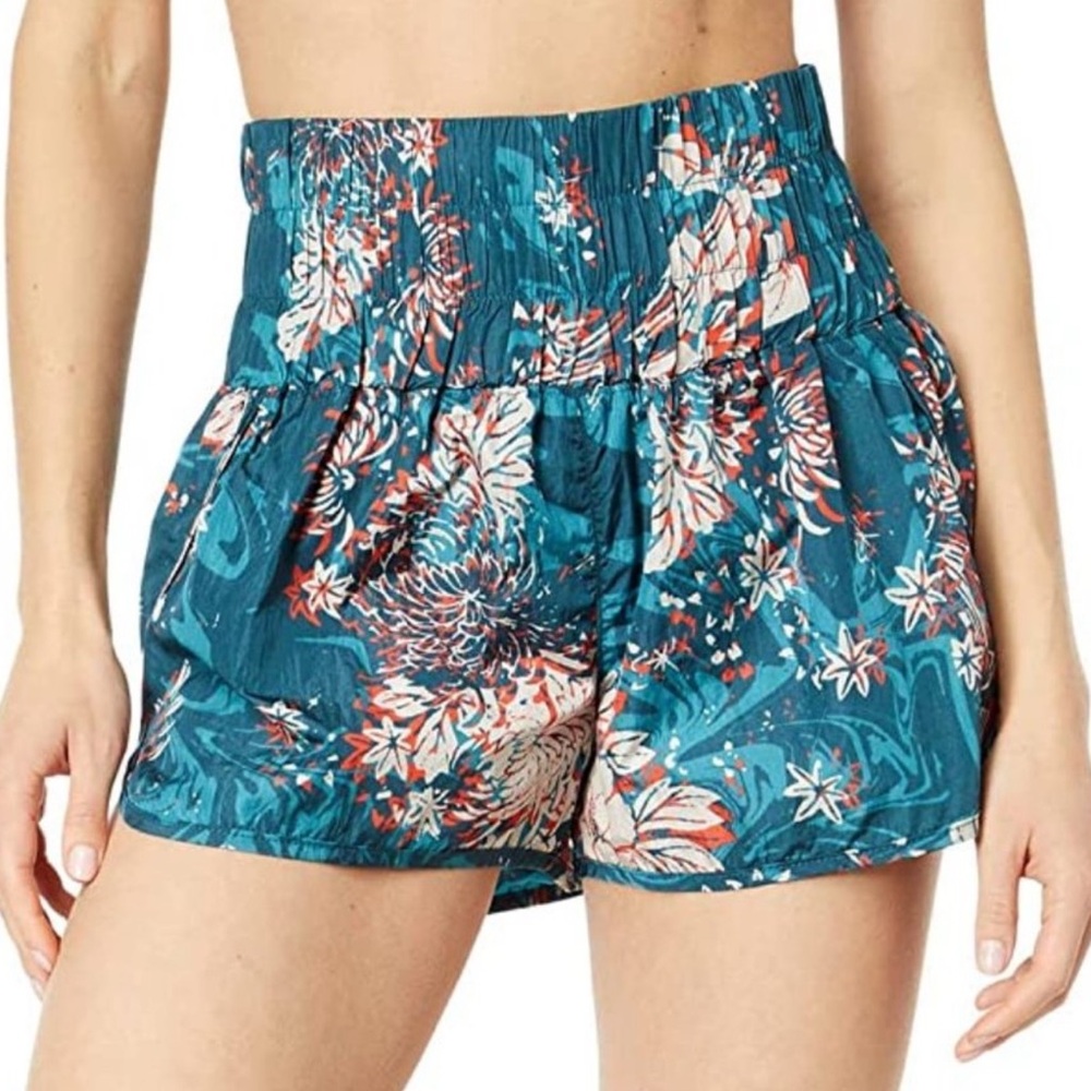 Free People movement high waisted shorts in‎ aqua color with floral details